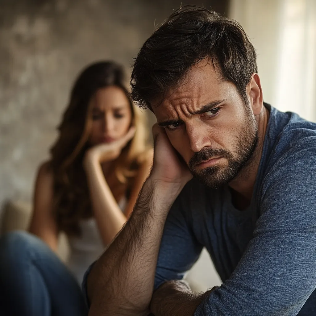 Homem com expressão de preocupação ao lado de uma mulher ao fundo, representando sinais de ansiedade em um relacionamento.
