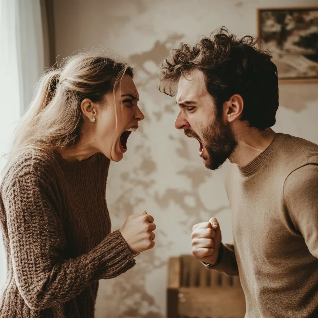Casal gritando um com o outro durante uma briga, representando os efeitos da ansiedade na vida a dois.