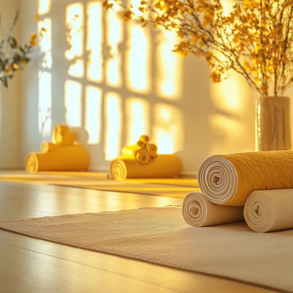 Ambiente iluminado com tapetes e acessórios de yoga organizados, representando práticas corporais e momentos de relaxamento