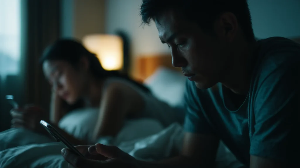 Homem e mulher deitados, cada um olhando para seu celular, representando a distância emocional no relacionamento.