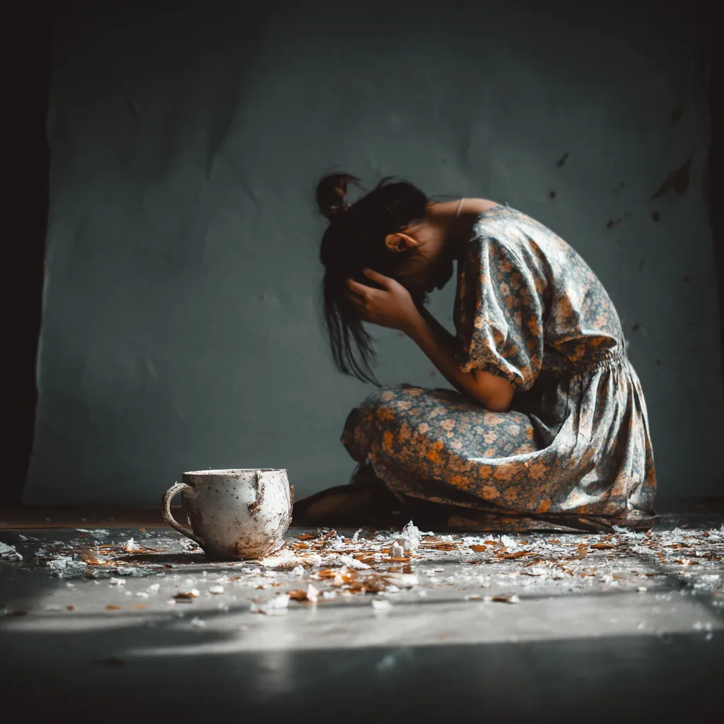 Mulher ajoelhada no chão, chorando ao lado de uma caneca quebrada, representando colapso emocional silencioso.