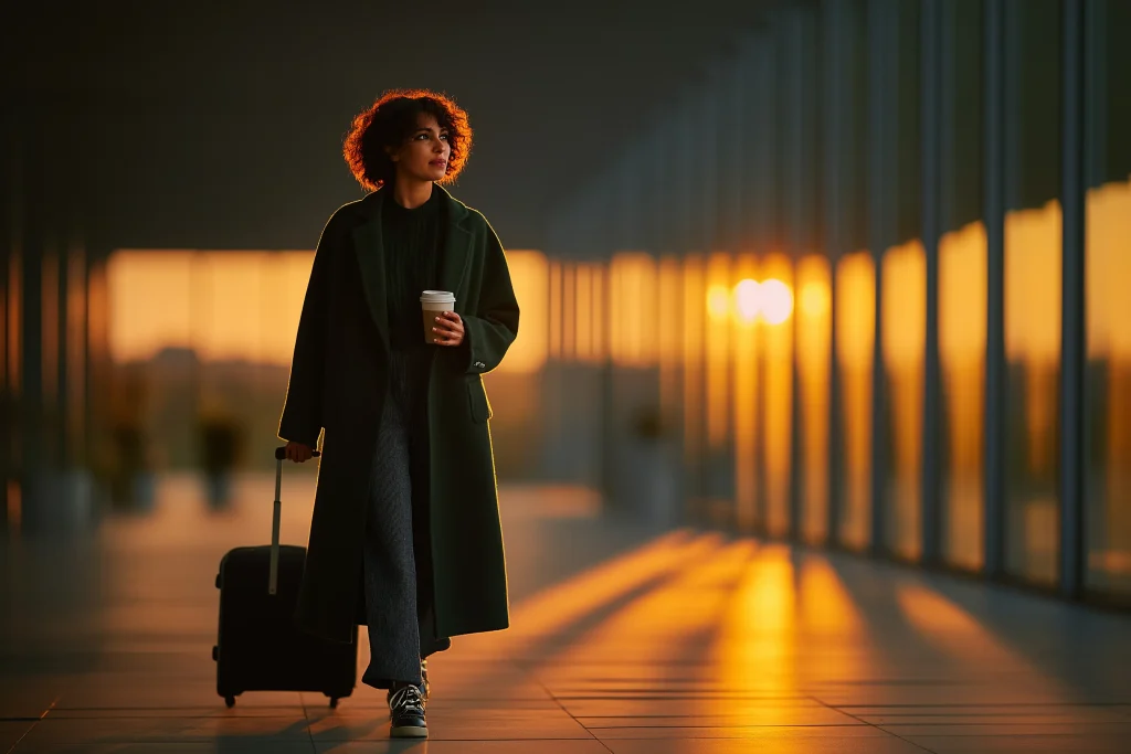 Mulher caminhando com mala em corredor iluminado pelo pôr do sol, simbolizando decisão e recomeço.