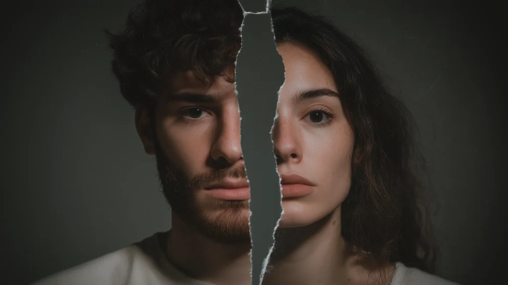 Fotografia artística de um casal com seus rostos divididos por uma rachadura no centro.