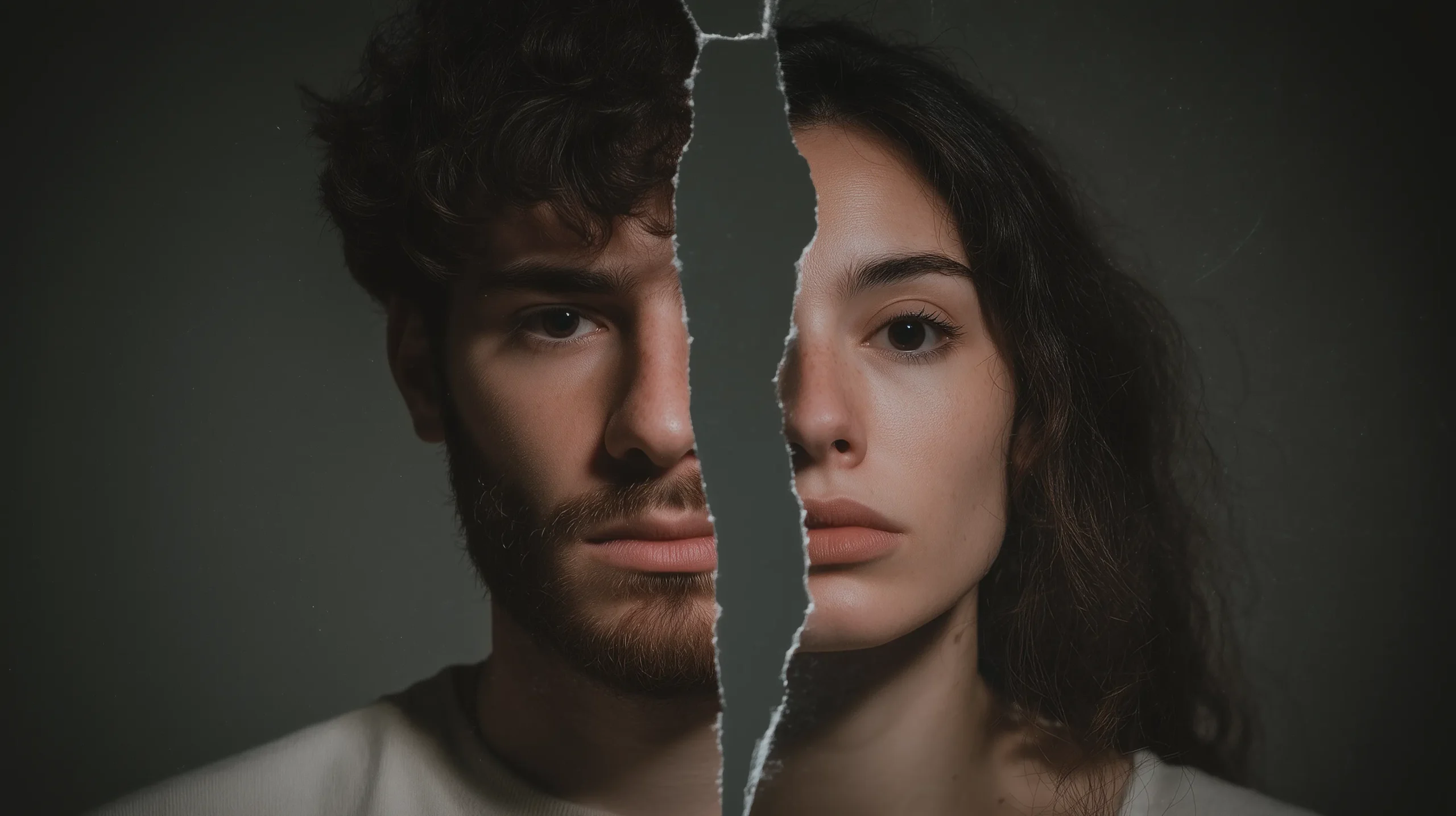Fotografia artística de um casal com seus rostos divididos por uma rachadura no centro.